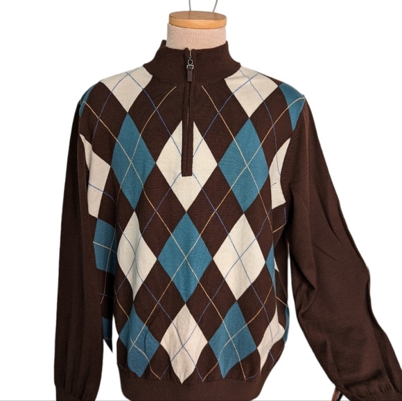 Fairway & Greene 100% Merino 1/4 Zipper Brown Argyle Sweater... Size XL - Picture 1 of 8